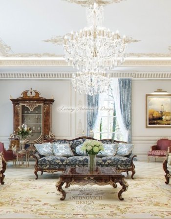 Стильный дизайн интерьера столовой-гостиной особняка в стиле новая классика в Астане